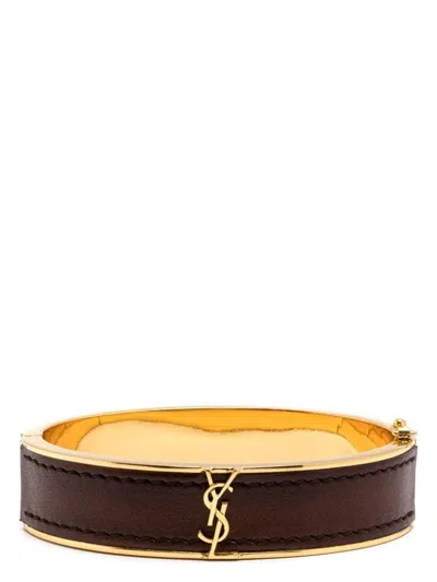 Saint Laurent Women's Brazalete Dorado Logo Piel Chocolate In Dkbrchoco