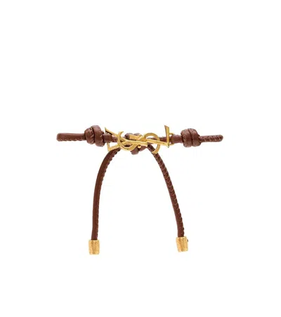 Saint Laurent Leather Cassandre Bracelet In Brown