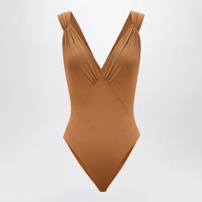Saint Laurent Women's Brown Silk-blend Crossover Bodysuit