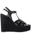 Saint Laurent Jute Wedge Leather Sandals In Black