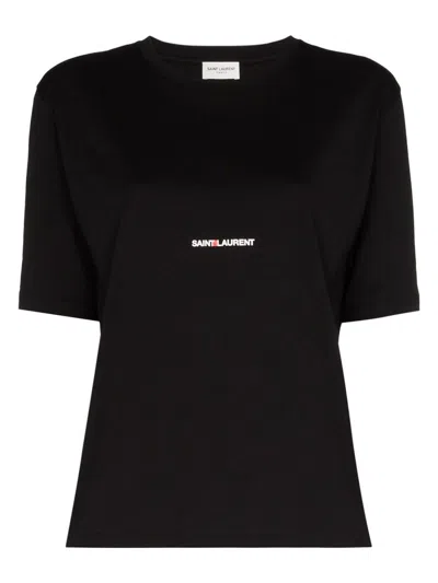 Saint Laurent Women's Camiseta Mc Negra Logo Blanco Rojo Top In Black