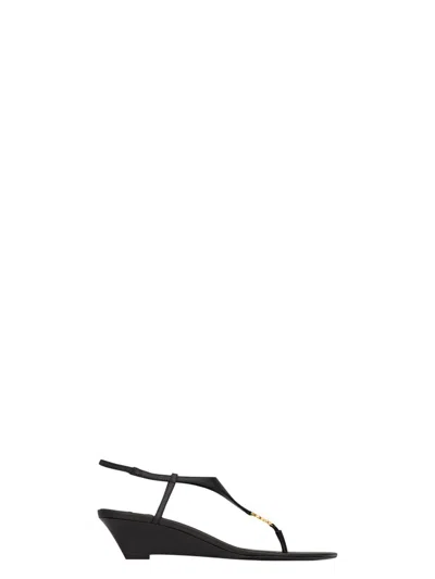 SAINT LAURENT WOMEN'S CASSANDRA SMOOTH LEATHER WEDGE SANDALS