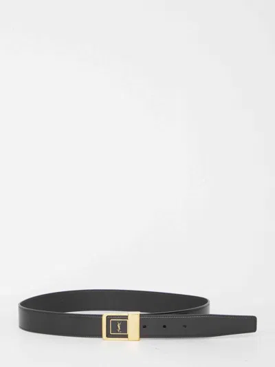 Saint Laurent Women Cassandre Buckle Leather Belt In Black