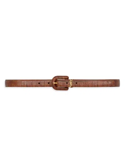 Saint Laurent Cassandre Croco-embossed Leather Thin Belt In Brown