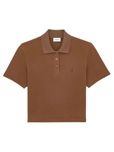 Saint Laurent Ysl Cotton Pique Crop Polo Shirt In Brown
