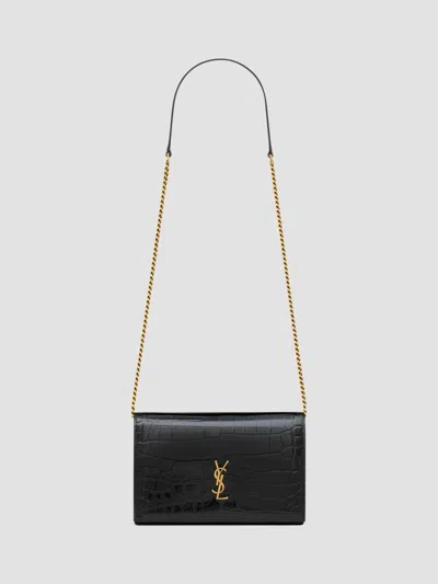 Saint Laurent Women's Cassandre Envelope Chain Wallet In Crocodile-embossed Patent Leather In Black