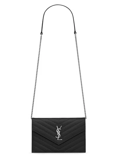 Saint Laurent Women's Cassandre Envelope Chain Wallet In Grain De Poudre Leather In Black