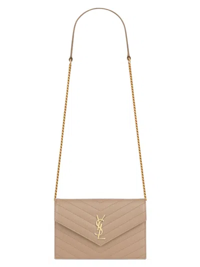 Saint Laurent Women's Cassandre Envelope Chain Wallet In Grain De Poudre Leather In Brown