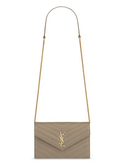 Saint Laurent Women's Cassandre Envelope Chain Wallet In Grain De Poudre Leather In Brown