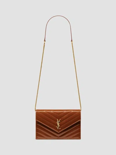 Saint Laurent Women's Cassandre Envelope Chain Wallet In Patent Leather In Glazed Brown