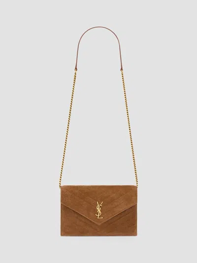 Saint Laurent Women's Cassandre Envelope Chain Wallet In Suede In Caramel Cognac