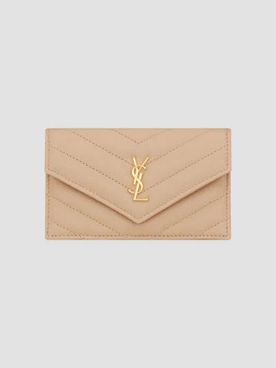 Saint Laurent Women's Cassandre Fragments Flap Card Case In Clear Beige