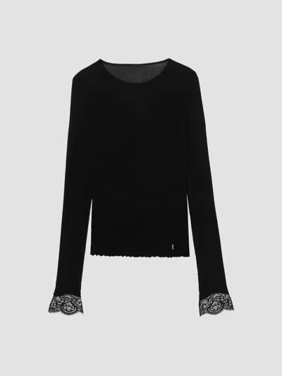 Saint Laurent Cassandre Lace-cuff Top In Ribbed Silk Jersey In Black