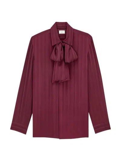 Saint Laurent Women's Cassandre Lavalliere Blouse Shirt In Striped Silk Jacquard In Purple