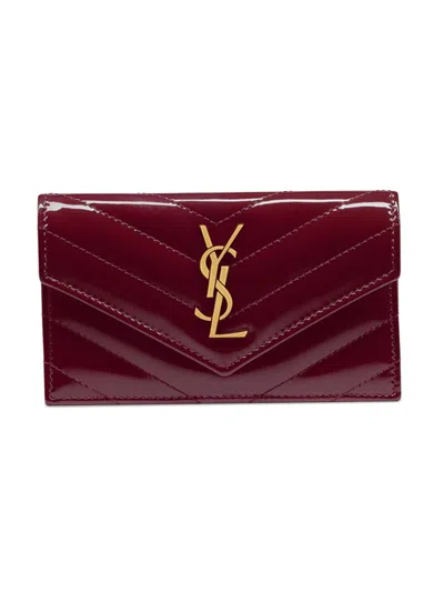 Saint Laurent Women's Cassandre Matelassé Fragments Flap Card Case In Patent Leather In Burgundy
