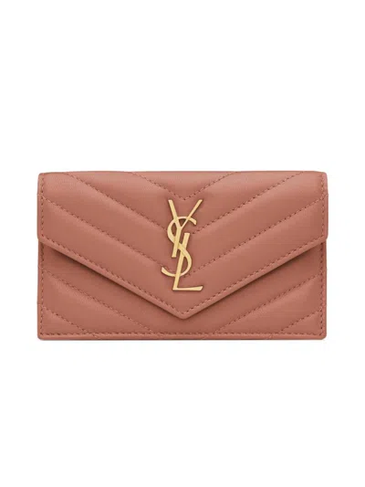 Saint Laurent Women's Cassandre Matelasse Fragments Flap Card Case In Quilted Lambskin In Pink