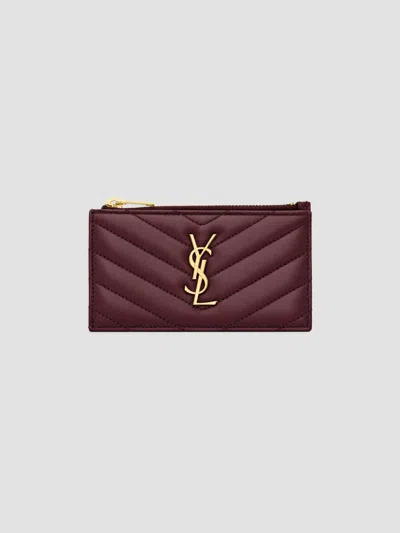 Saint Laurent Women's Cassandre Matelassé Fragments Zipped Card Case In Burgundy