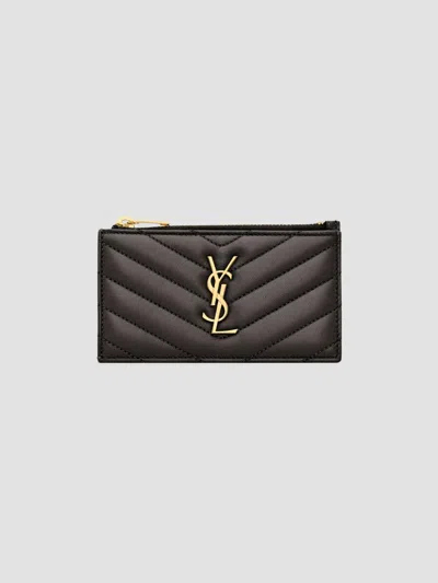 Saint Laurent Women's Cassandre Matelassé Fragments Zipped Card Case In Black