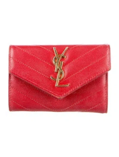 Pre-owned Saint Laurent Women's Cassandre Matelassé Small Envelope Wallet Chevron Compact Wallet In Red