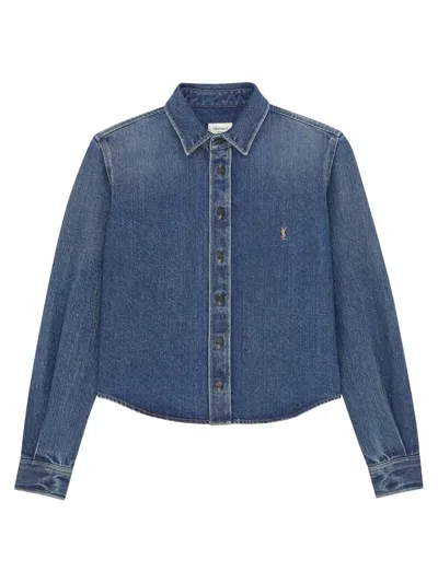 Saint Laurent Women's Cassandre Shirt In Denim In Blue