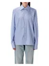 Saint Laurent Cassandre Striped Long-sleeved Shirt In Light Blue White