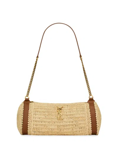 Saint Laurent Women's Cassandre Small Cylindric Bag In Raffia And Vegetable-tanned Leather In Natural And Brick