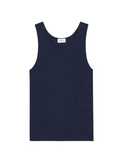 Saint Laurent Cassandre Tank Top In Ribbed Cotton Jersey In Blue