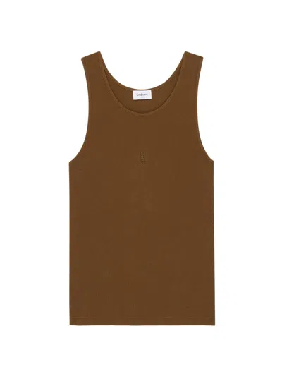 Saint Laurent Women's Cassandre Tank Top In Ribbed Cotton Jersey In Brown
