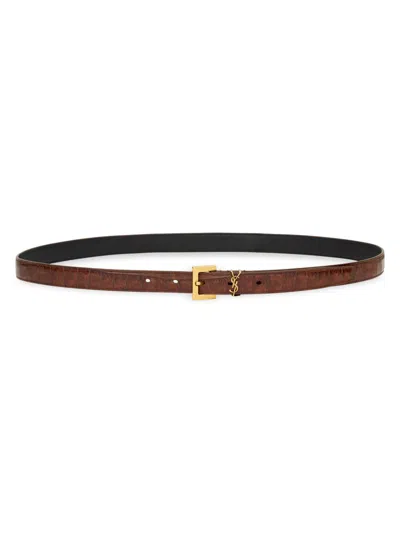 Saint Laurent Women's Cassandre Thin Belt In Crocodile-embossed Leather In Pattern