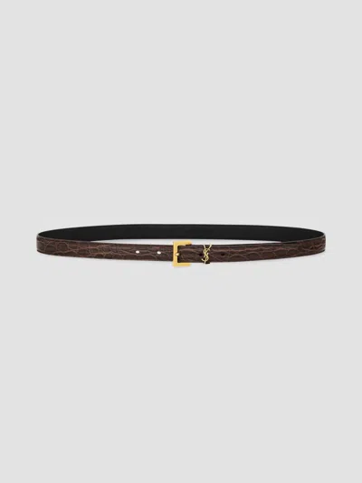 Saint Laurent Women's Cassandre Thin Belt In Crocodile-embossed Leather In Coffee Shot