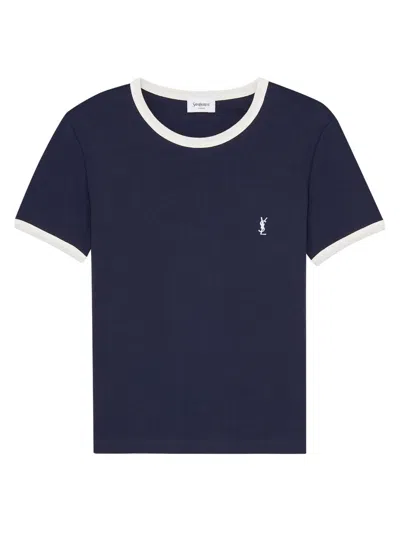 Saint Laurent Women's Cassandre T-shirt In Ribbed Cotton Jersey In Blue