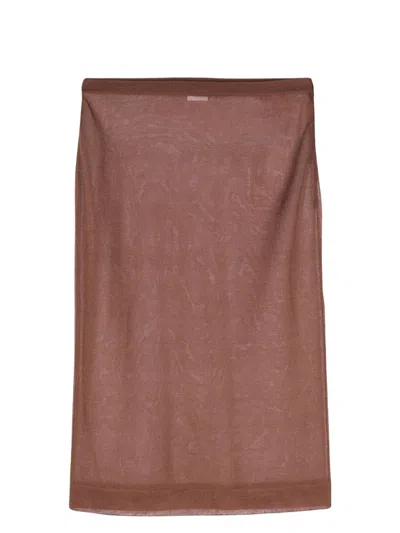 Saint Laurent Paris Women Sheer Silk Knitted Pencil Skirt In Brown