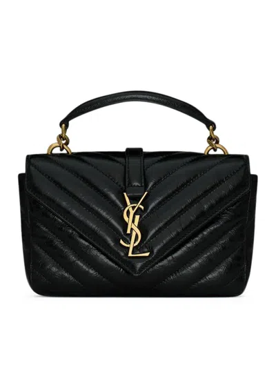 Saint Laurent Women College Mini Chain ??bag In Shiny Craquelé Leather In Black
