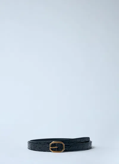 Saint Laurent Women Crocodile-embossed Frame Thin Belt In Black
