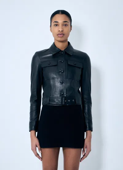 Saint Laurent Women Cropped Leather Jacket In Blue