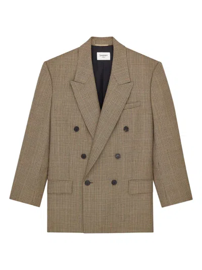 Saint Laurent Women's Double-breasted Jacket In Prince Of Wales Puppytooth Wool In Beige Marron Marine