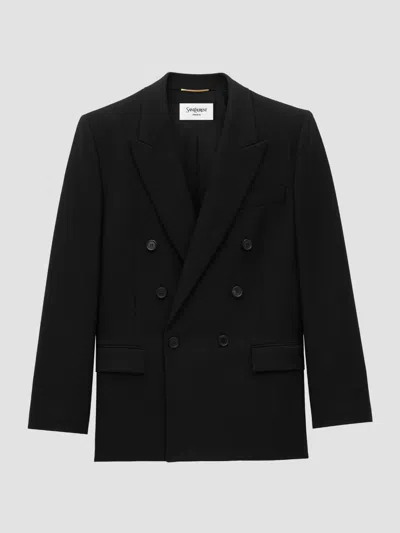 Saint Laurent Women's Double-breasted Jacket In Wool Gabardine In Blue