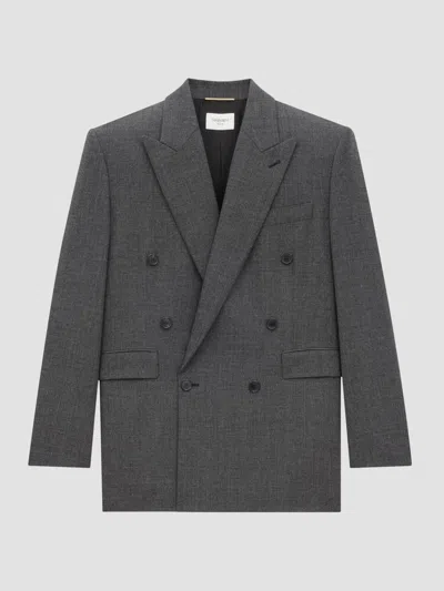 Saint Laurent Women's Double-breasted Long Jacket In Wool In Gray