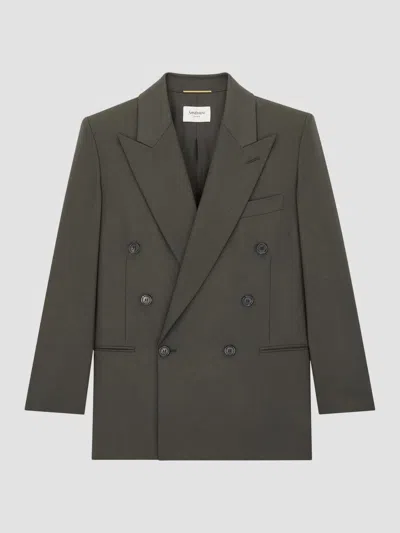 Saint Laurent Women's Double-breasted Short Jacket In Wool Gabardine In Gray