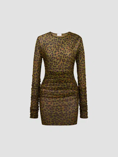 Saint Laurent Women's Draped Dress In Leopard-print Stretch Jersey And Tulle In Green