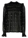Saint Laurent Embroidered Crepe Blouse With Ruffles And Smocked Yoke In Black