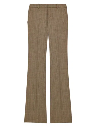 Saint Laurent Women's Flared Pants In Puppytooth Prince Of Wales Wool In Beige Marron Marine