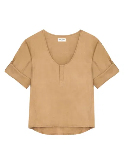 Saint Laurent Henley Twill-weave Blouse In Beige