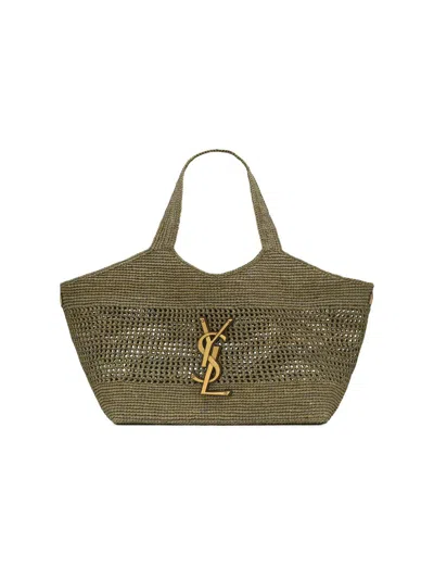 Saint Laurent Icare Medium Crochet Raffia Tote Bag In Green