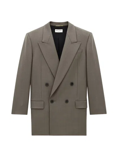 Saint Laurent Double-breasted Wool-gabardine Blazer In Brown