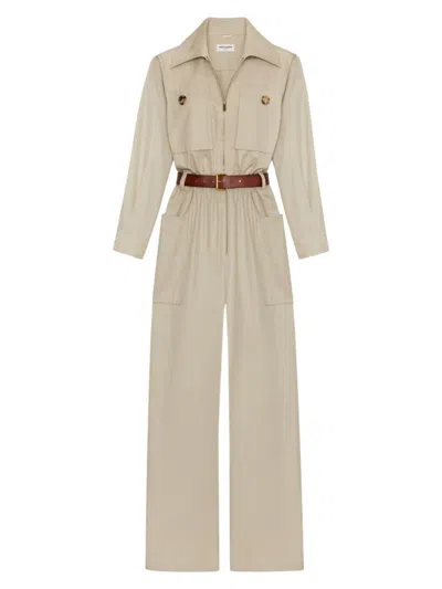 Saint Laurent Cotton Twill Jumpsuit In Cream