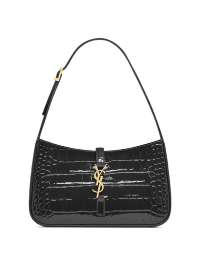 Saint Laurent Crocodile-embossed Shoulder Bag In Black