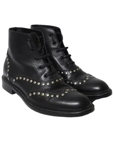 Pre-owned Saint Laurent Women's Leather Army Lace Up Boots With Stud (authentic Pre-loved) In Black