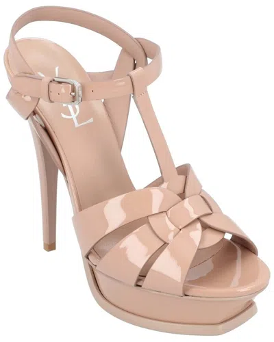 Pre-owned Saint Laurent Women's Leather Tribute Patent Leather Platform Sandal Beige (authentic Pre-loved) In Neutral
