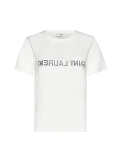 Saint Laurent Women Logo Cotton T-shirt In White